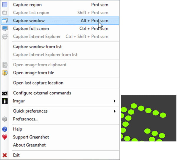 Interface du logiciel Greenshot pour capturer l’écran sous Windows